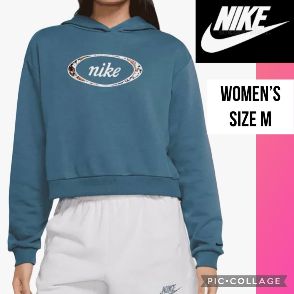 NIKE Womens Hoodie Teal Floral Logo Cropped Loose Fit Pullover Sweatshirt Size M